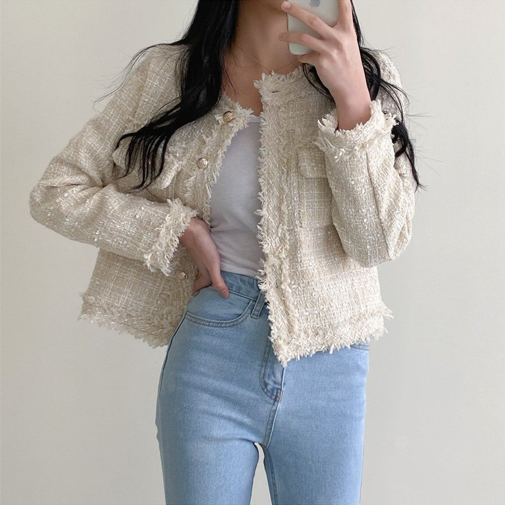 Ausgefranste Slim-Fit-Jacke mit offener Vorderseite und Karomuster