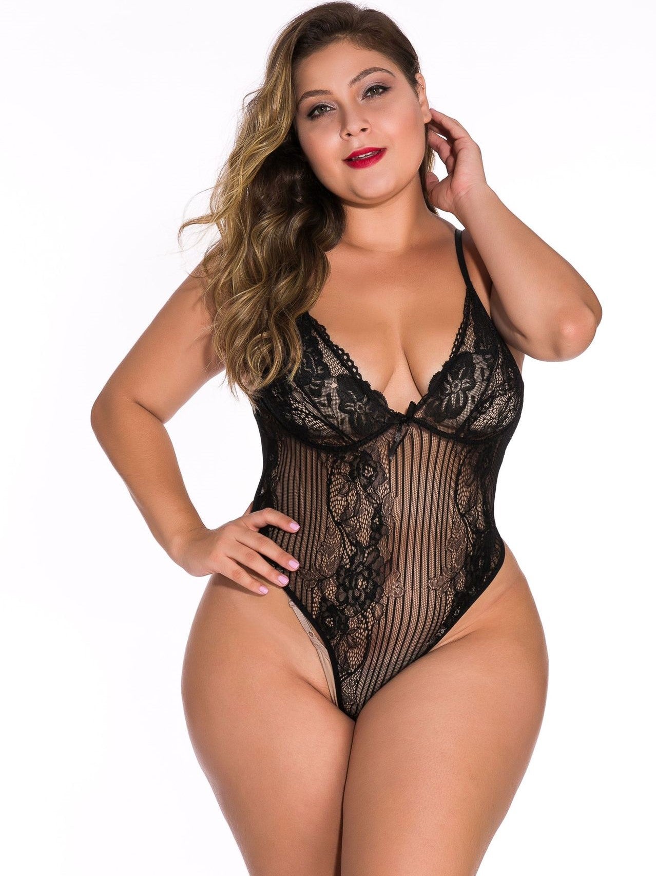 Plus Fun Shaper Bodysuit mit gestreiftem Spitzeneinsatz
