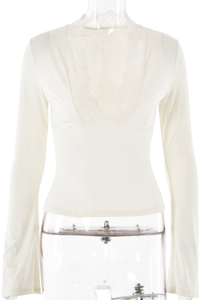 Lace Trimmed Deep V Flared Long Sleeved Top