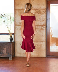 Off  Shoulder Ruffle Bodycon Midi Dress