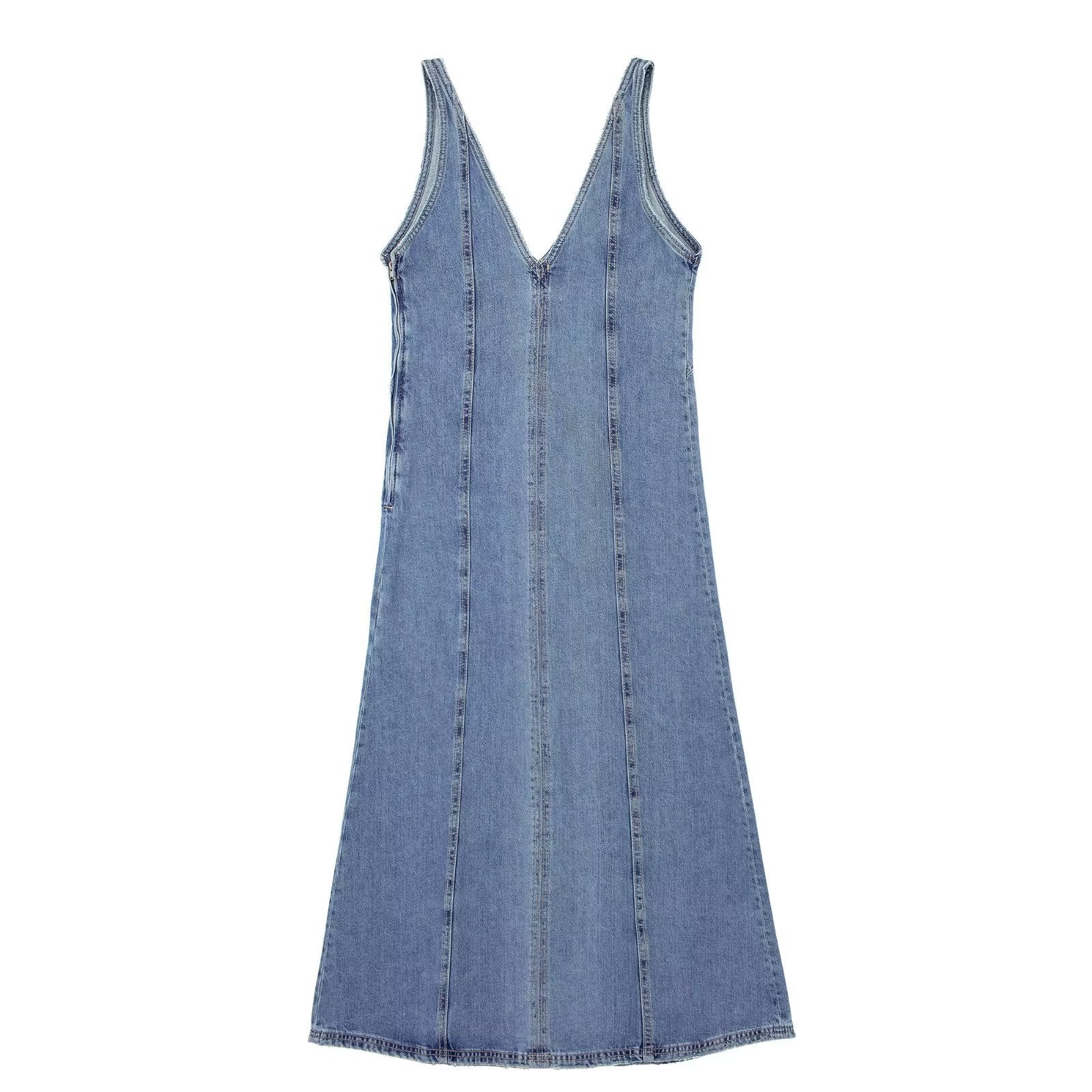 Retro-V-Ausschnitt ärmelloses Denim-A-Linien-Westenkleid
