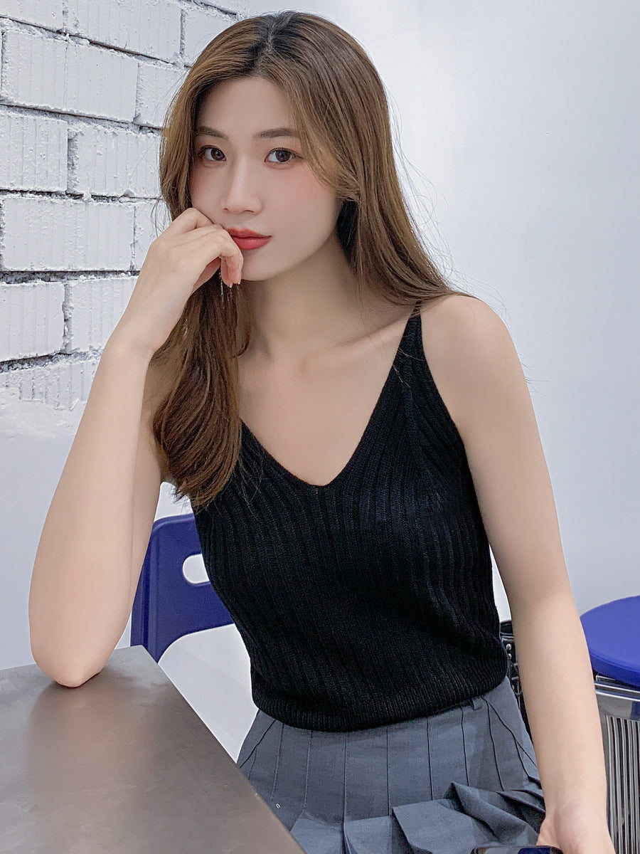 Damen Ärmellose Weste Strick V-Ausschnitt Camisole Tops Crop Tank