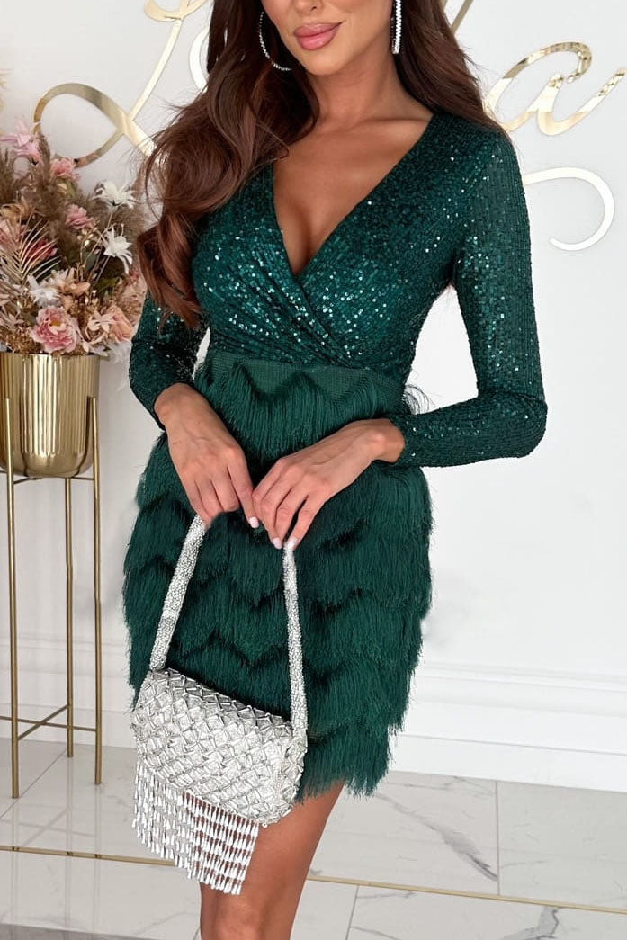 Vestido de patchwork de felpa con lentejuelas y mangas largas con escote en V profundo