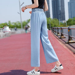 Himmelblaue Tencel-Jeans mit hoher Taille und weitem Bein und Taschen