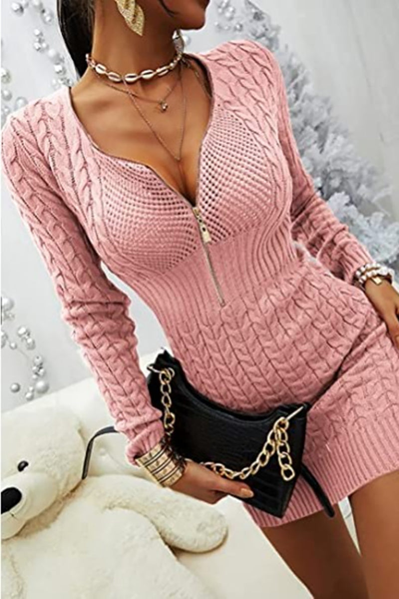 Vestido tipo suéter ajustado con cuello en V y cremallera