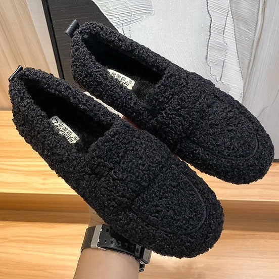 Lindos mocasines planos de piel de cordero cálidos para el invierno