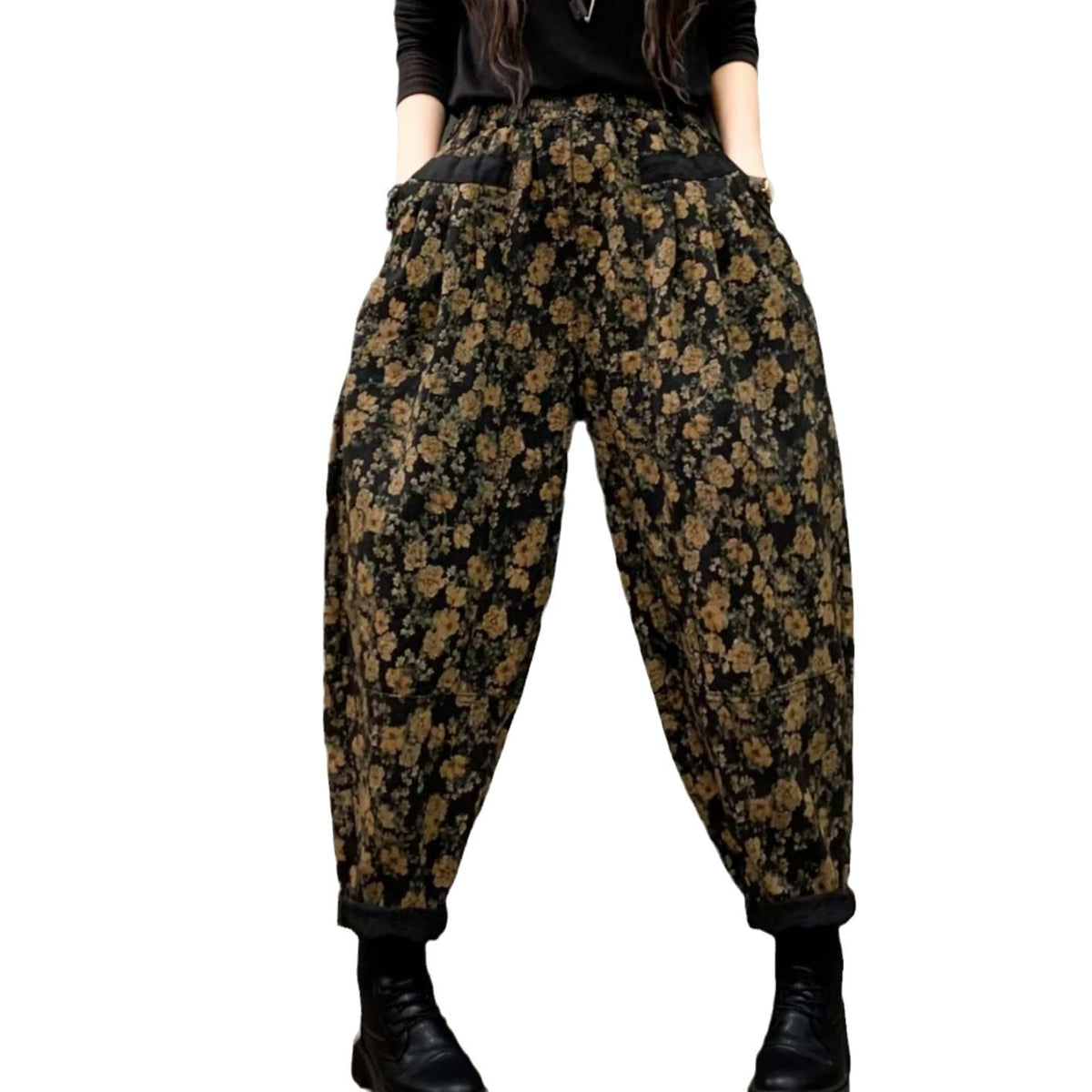 Stilvolle Schwarze Cinched Print Lose Jeanshose Hose Winter