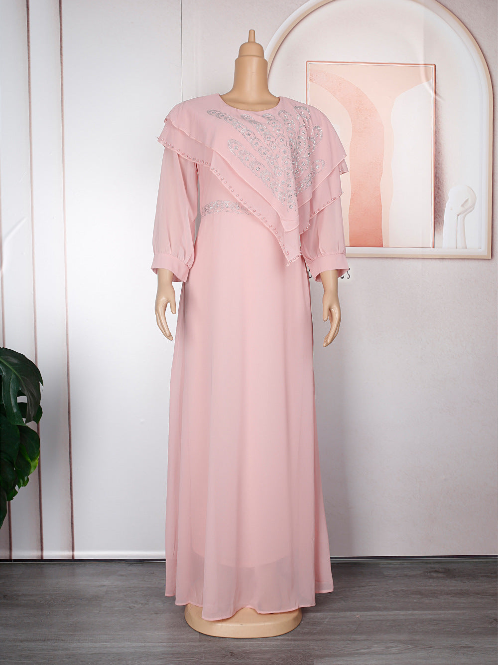 Chiffon Langarm Strass Maxikleider
