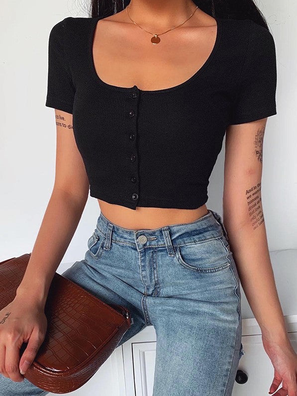 Einfarbiges, schlichtes, lässiges T-Shirt mit quadratischem Ausschnitt