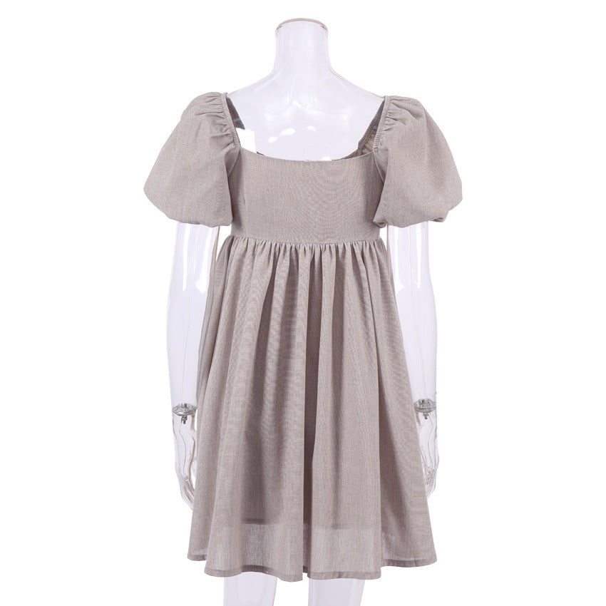 Süßes Leinen-Babydoll-Minikleid mit Puffärmeln und quadratischem Ausschnitt - Khaki