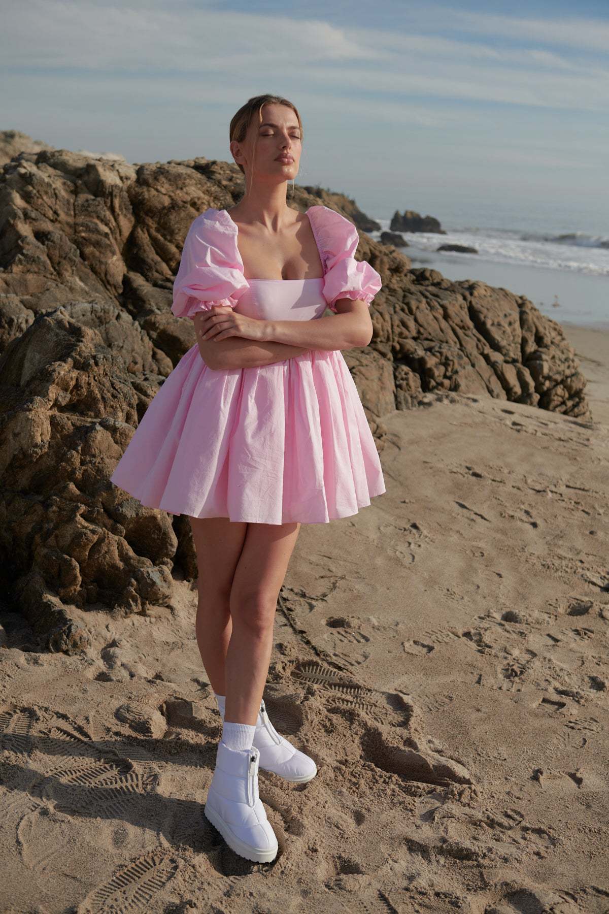 Süßes Leinen-Babydoll-Minikleid mit Puffärmeln und quadratischem Ausschnitt - Blau