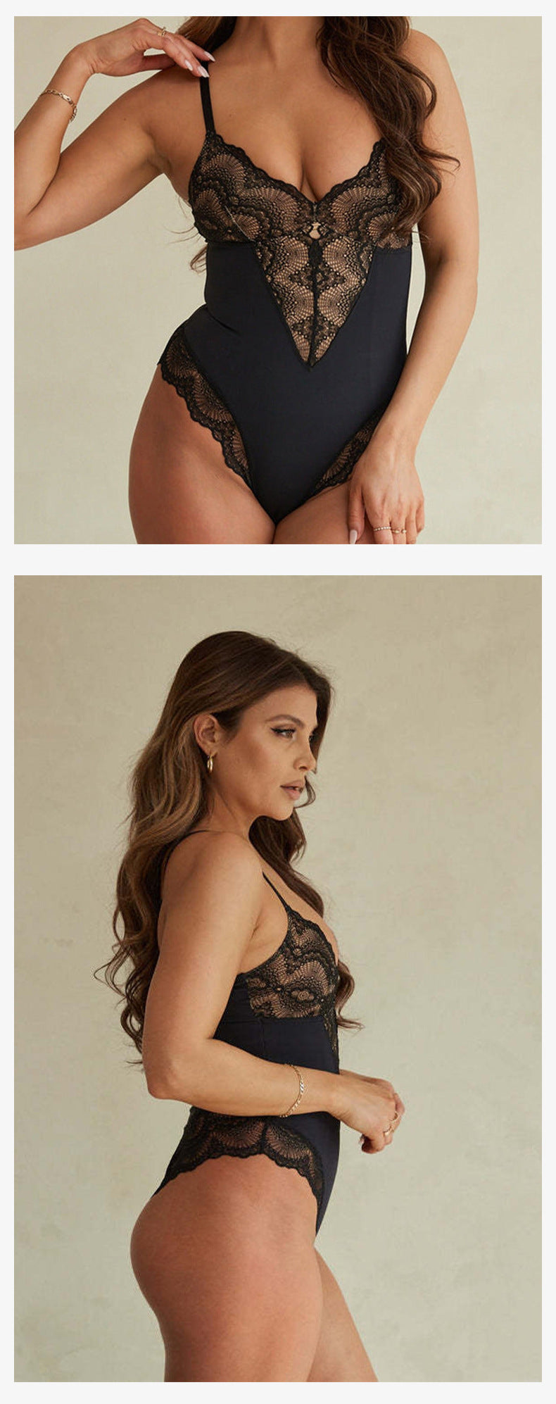 Schwarzer schulterfreier Spitzen-Bodysuit für Damen
