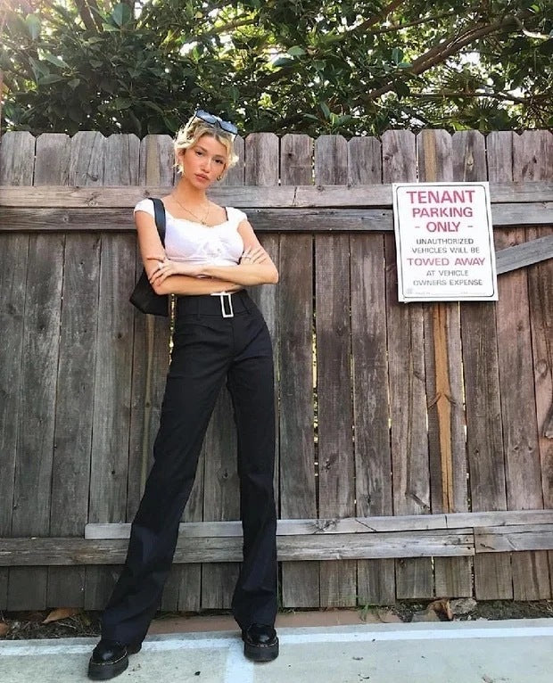 Buckle Belted Flare Leg Pants