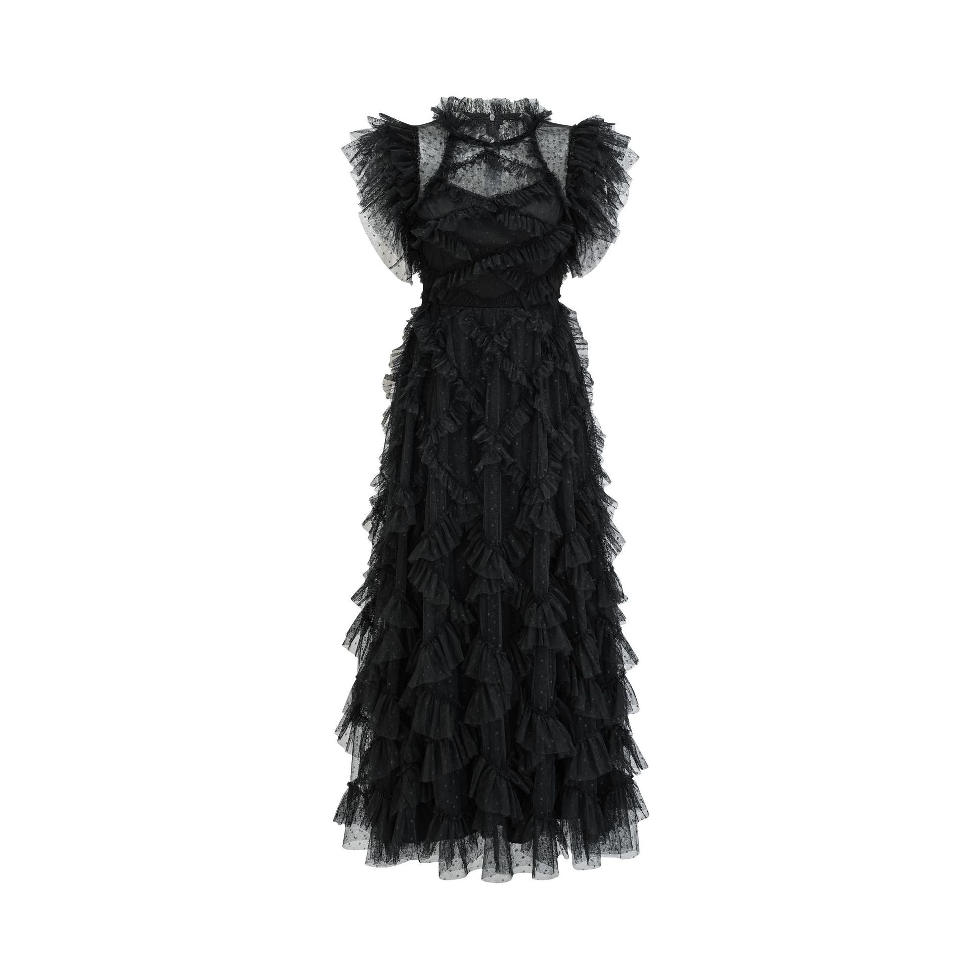 Vestido maxi ajustado con cuello alto, manga corta y volantes HT0916 