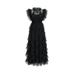 Vestido maxi ajustado con cuello alto, manga corta y volantes HT0916 