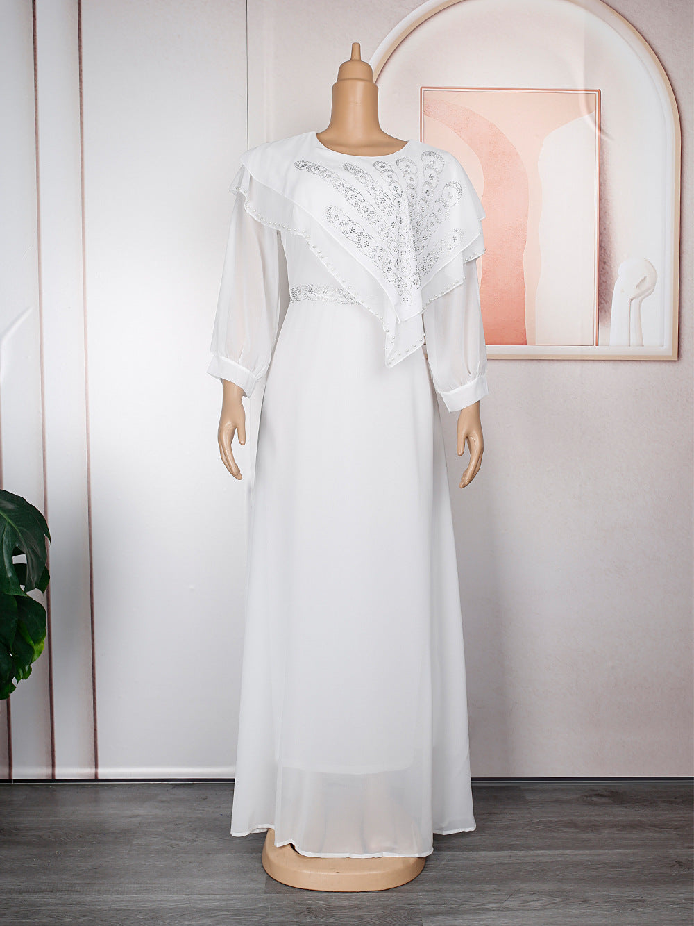 Chiffon Langarm Strass Maxikleider