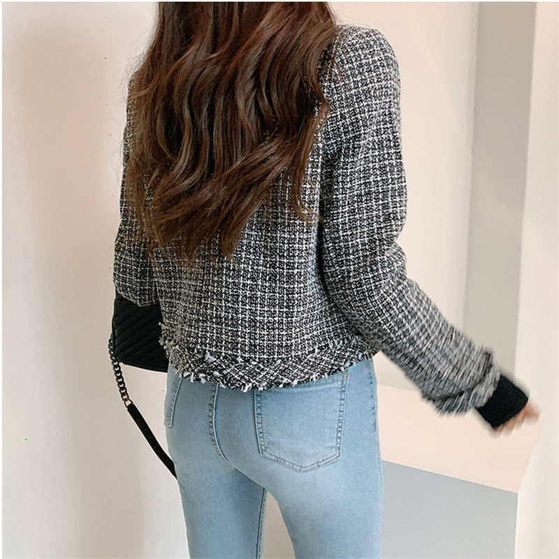 Ausgefranste Slim-Fit-Jacke mit offener Vorderseite und Karomuster