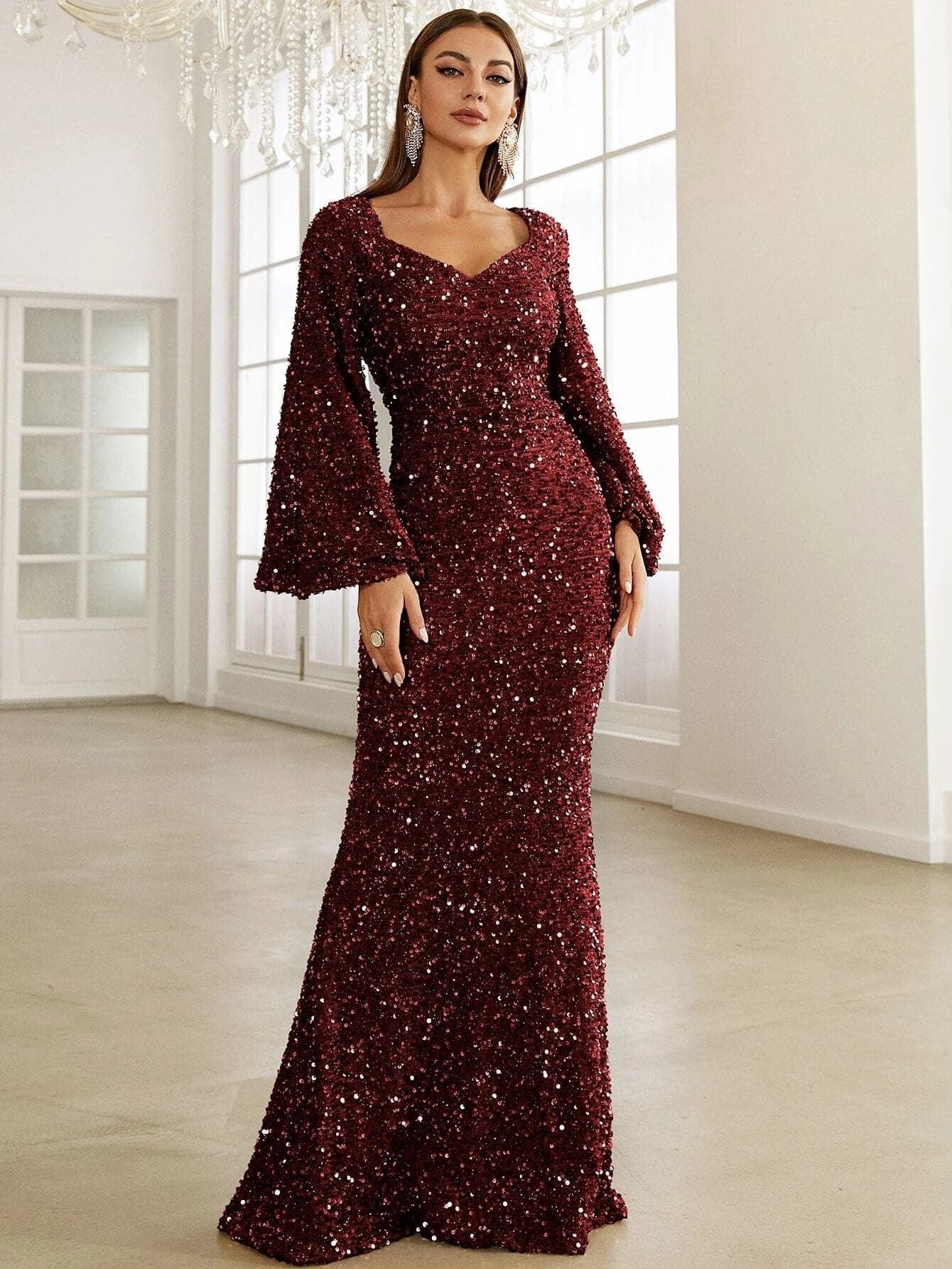 Vestido de noche elegante, ajustado y con escote en V profundo y mangas largas con lentejuelas 