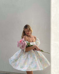 Süßes Leinen-Babydoll-Minikleid mit Puffärmeln und quadratischem Ausschnitt - Blau