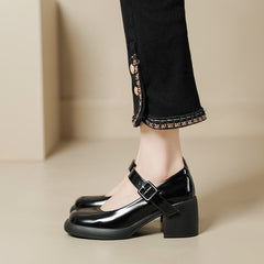 Women Casual Leather Chunky Heel Mary Jane Shoes Newgew Shoes