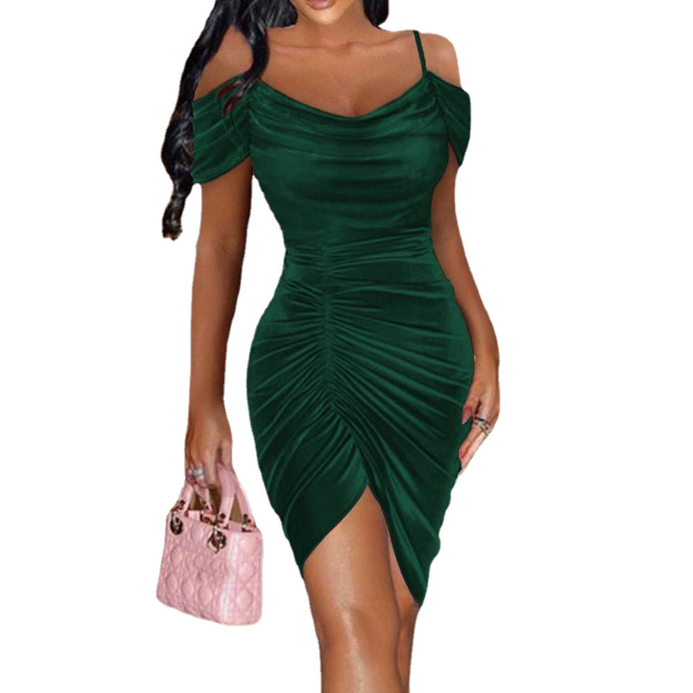 Off Shoulder Ruched Asymmetrical Hem Velvet Dress