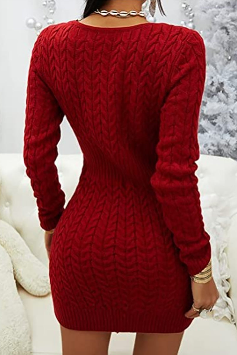 Vestido tipo suéter ajustado con cuello en V y cremallera