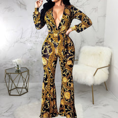 Bedruckter Jumpsuit mit V-Ausschnitt und Schnürung und langen Ärmeln