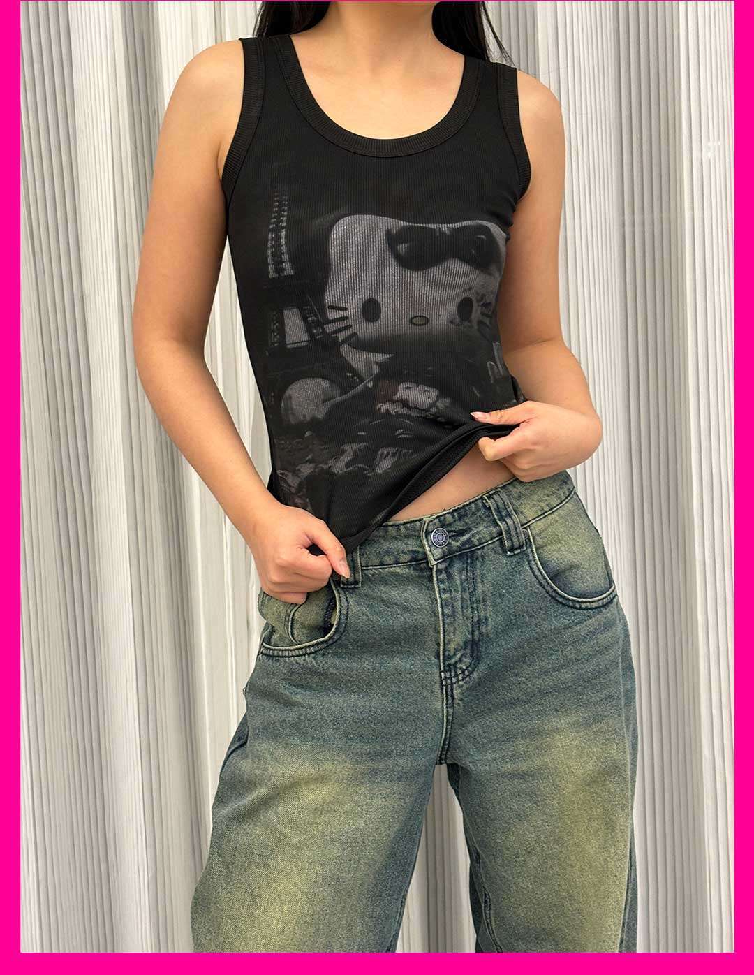 Lexie – Tanktop mit Katzenmotiv in Kontrastfarbe