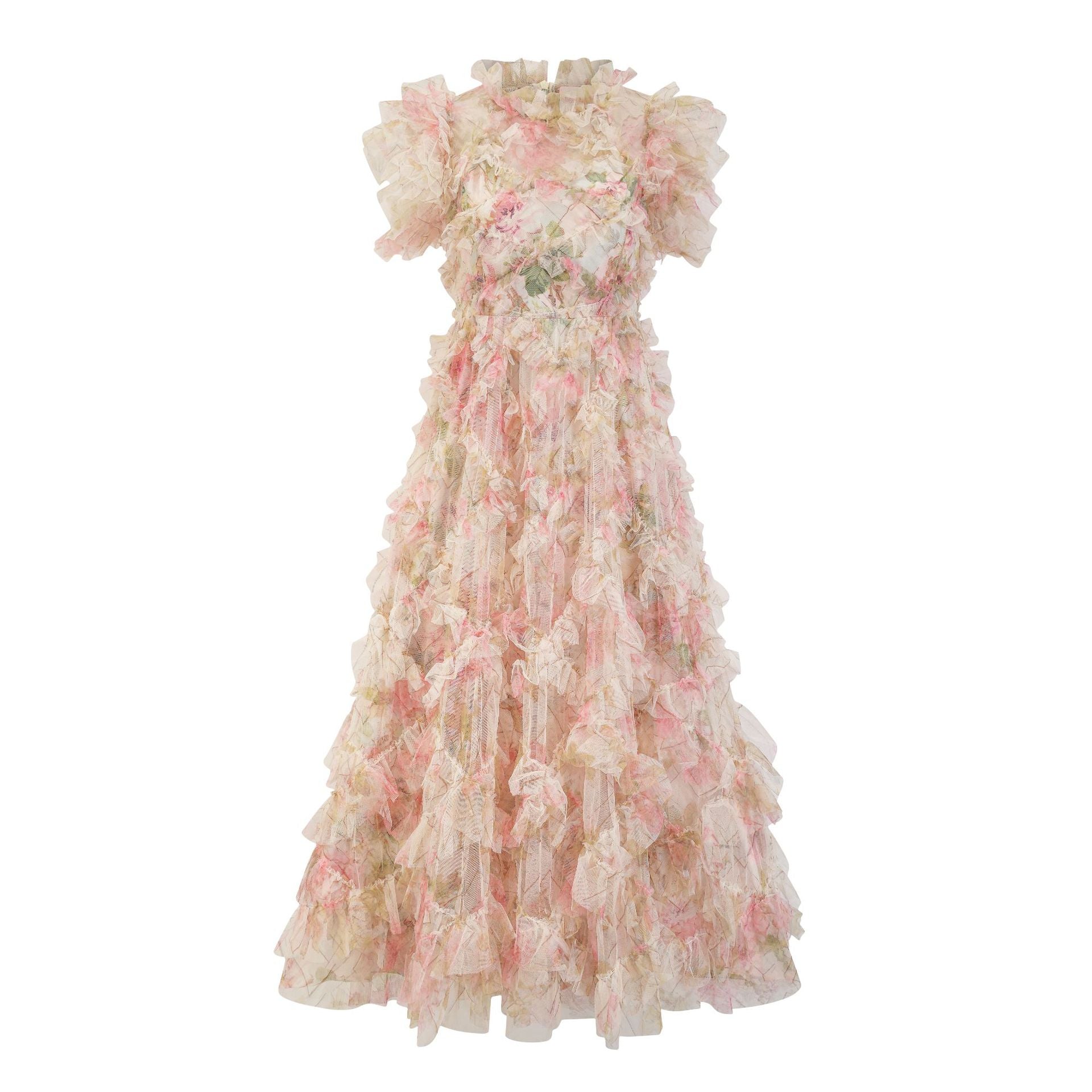 Vestido maxi ajustado con cuello alto, manga corta y volantes HT0916 
