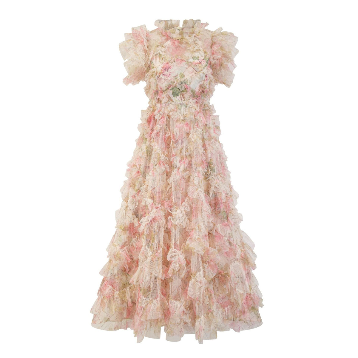 Vestido maxi ajustado con cuello alto, manga corta y volantes HT0916 