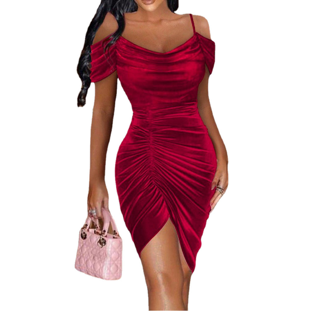 Off Shoulder Ruched Asymmetrical Hem Velvet Dress