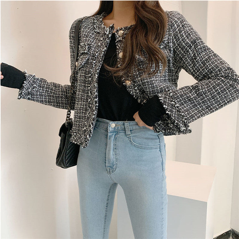 Ausgefranste Slim-Fit-Jacke mit offener Vorderseite und Karomuster