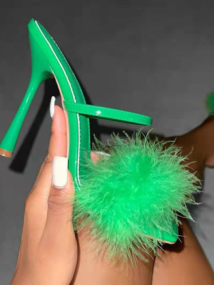 Peep-Toe-Slipper aus Leder mit Federn