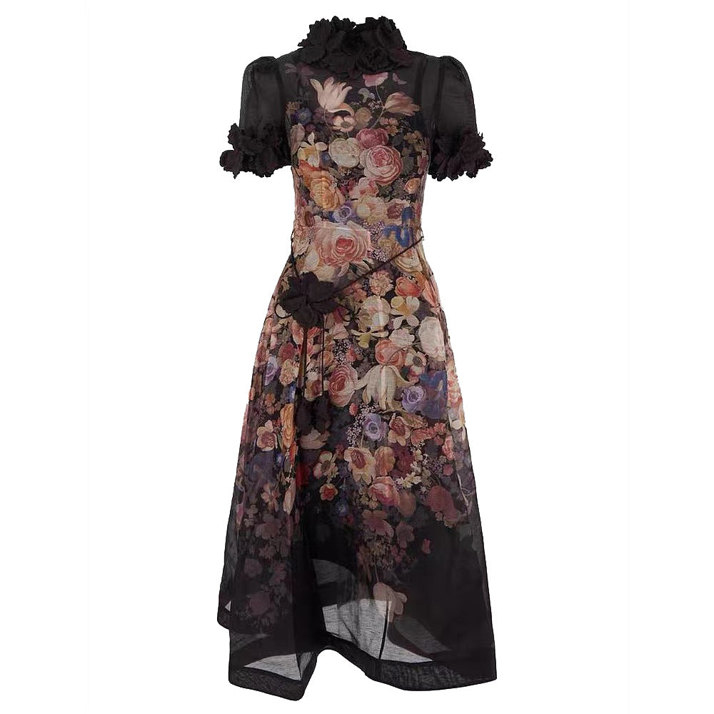 Vestido midi de malla con apliques florales en beige 