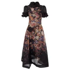 Vestido midi de malla con apliques florales en beige 
