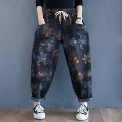 Boutique Schwarze Haremshose aus Denim mit Patchwork-Print