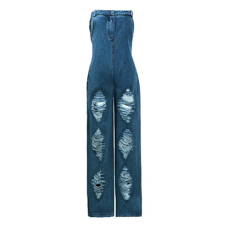 Trägerloser Jeans-Jumpsuit mit Rissen