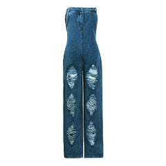 Trägerloser Jeans-Jumpsuit mit Rissen
