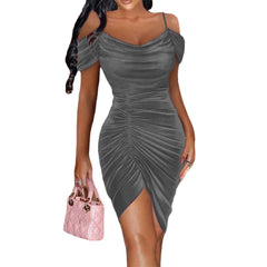 Off Shoulder Ruched Asymmetrical Hem Velvet Dress