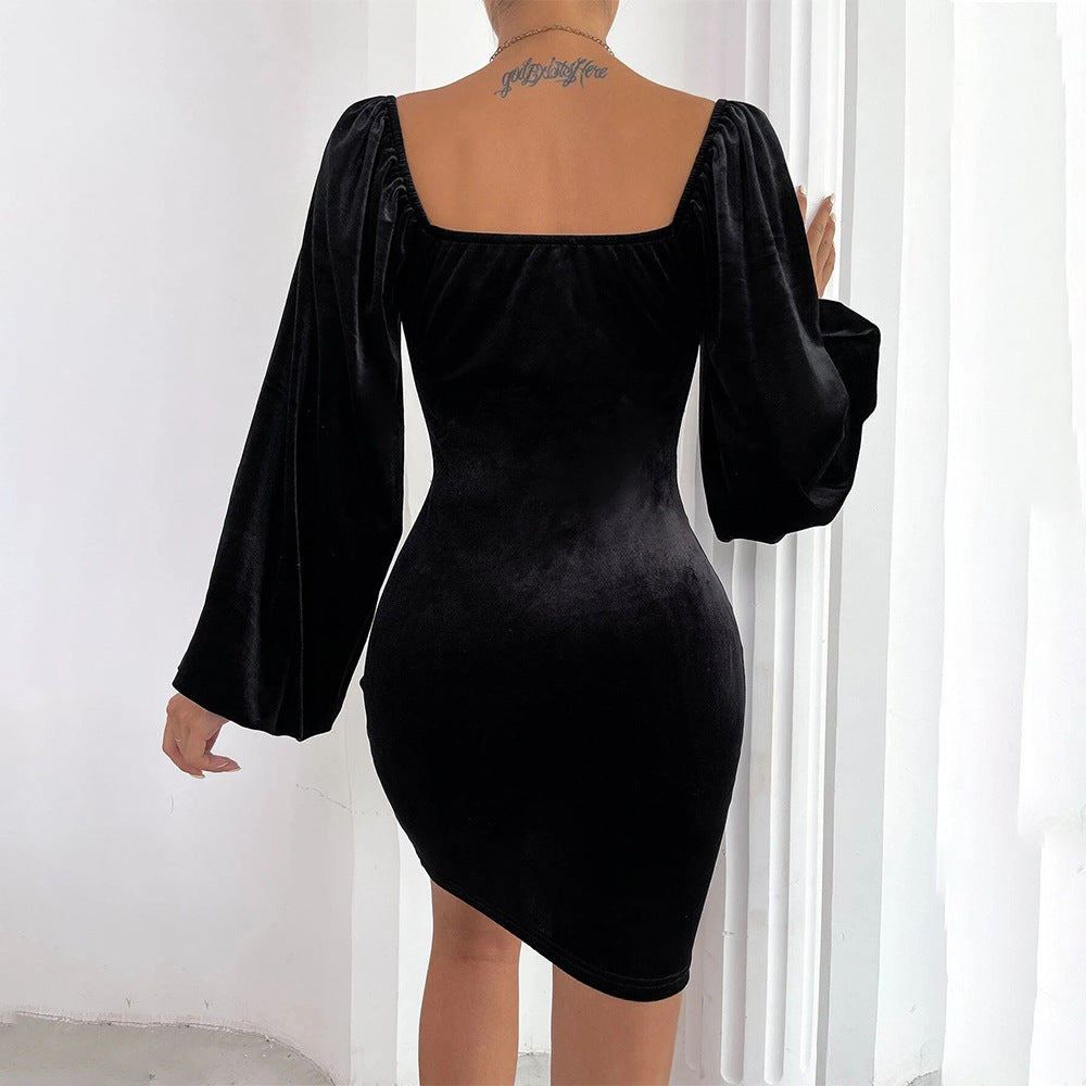 Vintage Puffärmel Quadratischer Hals Samt Party Minikleid - Schwarz