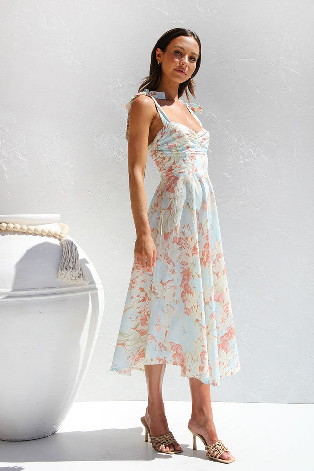 Breezy Tie Strap Fit & Flare Floral Printed Summer Midi Sundress - Apricot