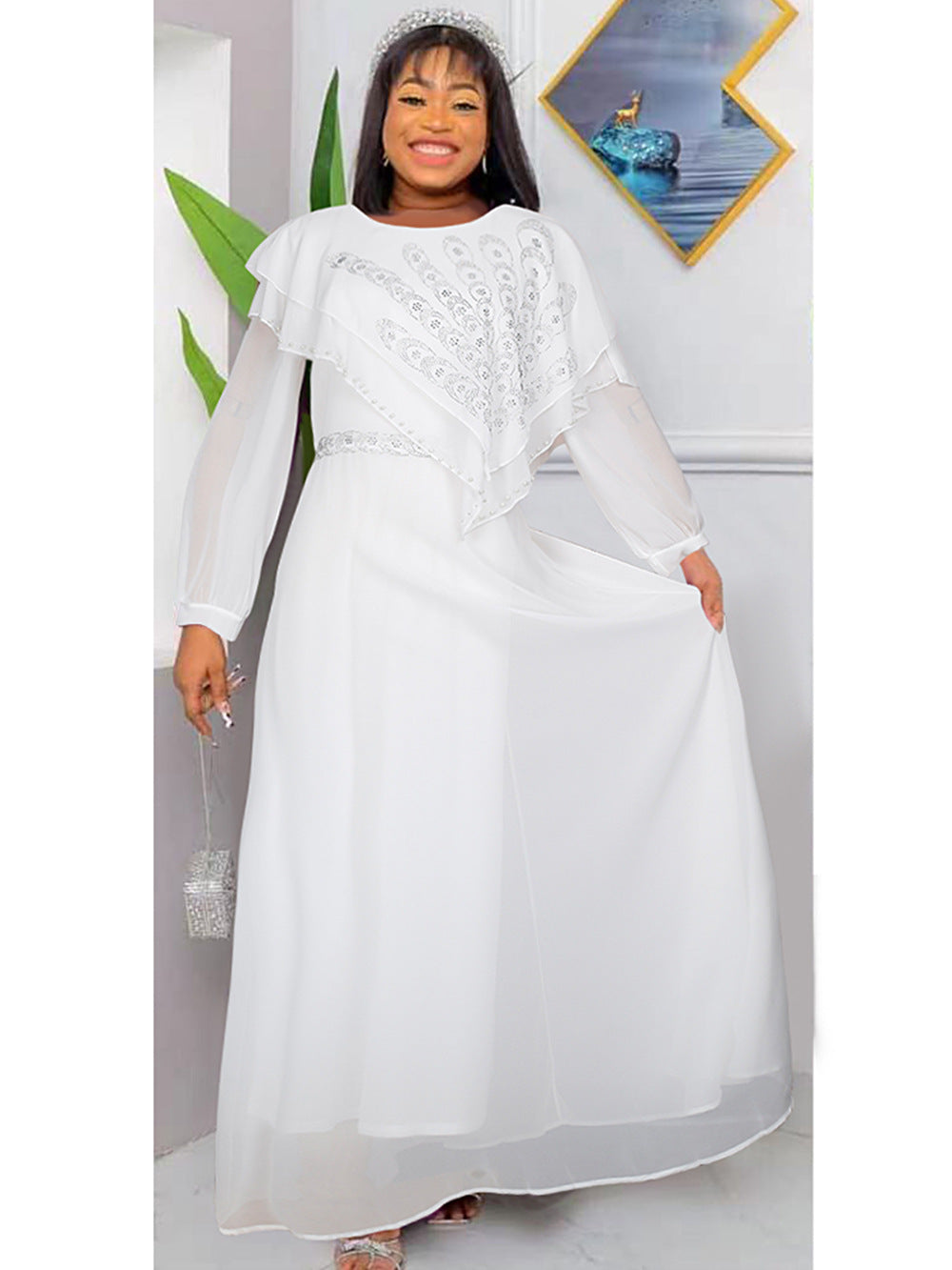 Chiffon Langarm Strass Maxikleider