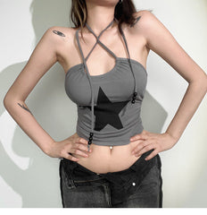 Star beaded camouflage patchwork halter contrast crop top - Final Sale