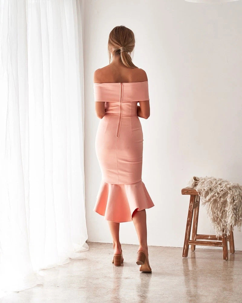 Off  Shoulder Ruffle Bodycon Midi Dress