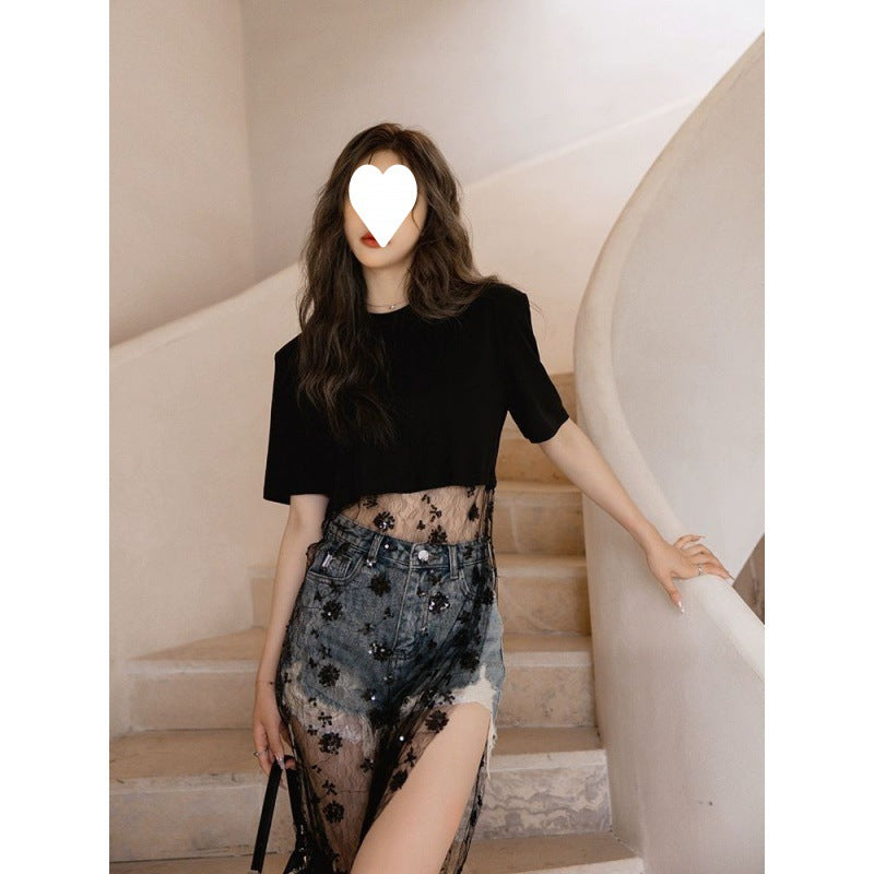 Zweiteiliges lockeres T-Shirt mit Farbverlauf und Mesh-Fake-Muster