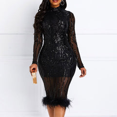 Partykleid mit langen Ärmeln und Paillettenquaste
