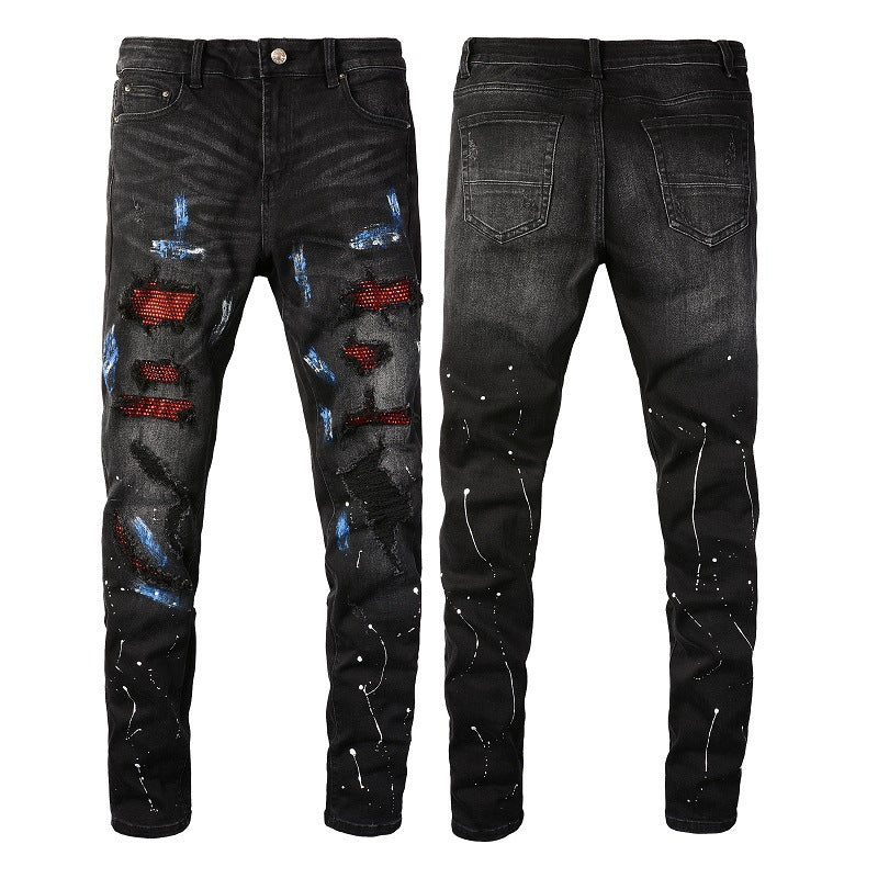 Schwarze Jeans mit Farbspritzer-Print