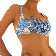 Lace Up Floral Print Strap Bikini Set