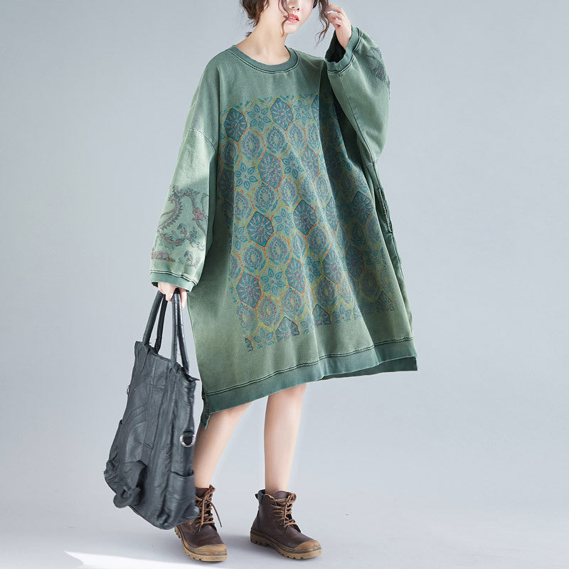 Crew Neck Printed Sweatshirt Dress