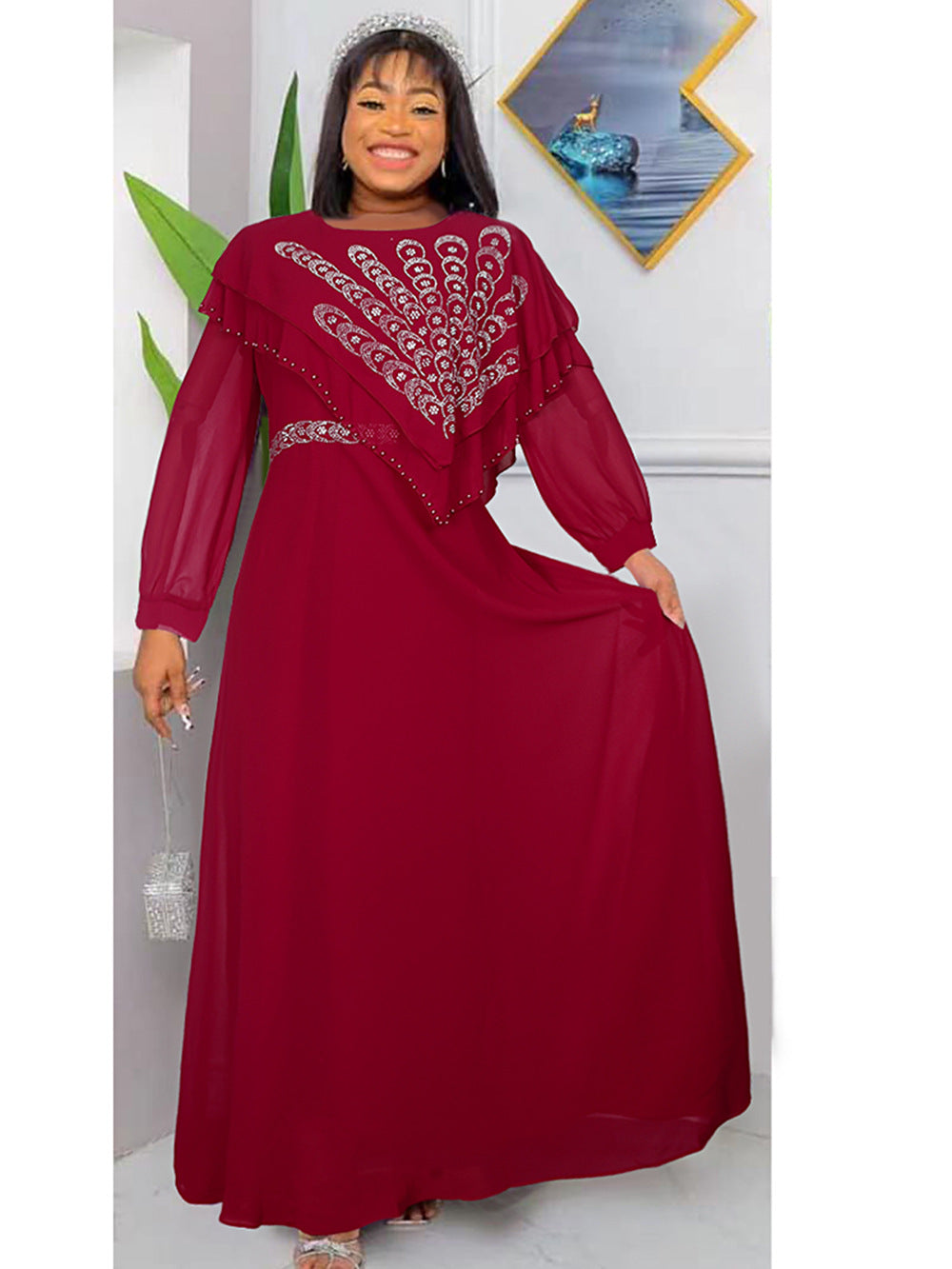 Chiffon Langarm Strass Maxikleider